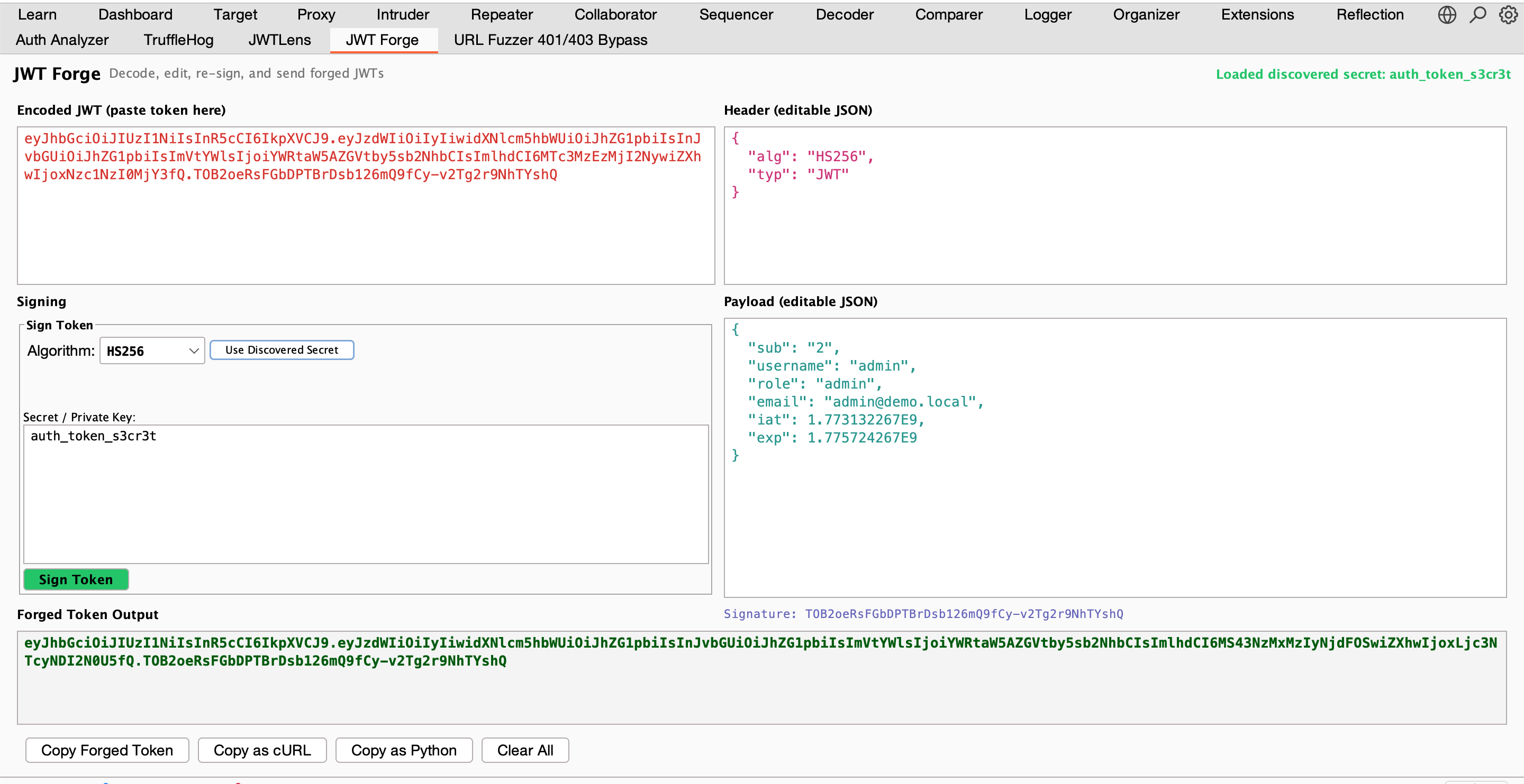 JWTLens JWT Forge tab — live JWT editor with algorithm selector, discovered secret auto-filled, editable payload showing admin role, and forged token output ready to copy
